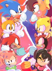 3girls, 5boys, :3, absurdres, amy rose, animal ears, animal nose, black eyes, black hair, blouse, blue fur, blue hair, blush, body fur, bow, breasts, brown eyes, brown hair, cat ears, cat girl, clenched hand, clenched hands, closed mouth, dress, eye contact, flat chest, furry, furry female, furry male, gloves, green shirt, grin, hair bow, hairband, half-closed eyes, hammer, hand on another&#039;s head, hand on own cheek, hand on own face, hand up, hands on another&#039;s head, hands up, happy, highres, holding, holding hammer, holding weapon, honey the cat, index finger raised, knuckles the echidna, light blush, long hair, looking at another, looking away, looking to the side, mighty the armadillo, multiple boys, multiple girls, one eye closed, open mouth, orange fur, pink fur, pink hair, ponytail, profile, puffy short sleeves, puffy sleeves, ray the flying squirrel, red dress, red fur, red hair, red hairband, red shirt, shirt, short hair, short sleeves, sideways mouth, sleeveless, sleeveless shirt, small breasts, smile, sonic (series), sonic the hedgehog, sonic the hedgehog (classic), spiked gloves, spiked hair, split theme, star (symbol), stellarspin, tails (sonic), teeth, tiara boobowski, twintails, two-tone background, two-tone fur, upper body, weapon, white gloves, wink, yellow bow, yellow fur
