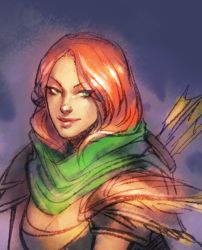 Rule 34 | 1girl, armor, arrow (projectile), artist request, cleavage cutout, clothing cutout, dota (series), dota 2, green eyes, green scarf, jewelry, long hair, nose piercing, orange hair, piercing, quiver, red hair, scarf, shoulder pads, smile, solo, solo focus, windranger (dota)