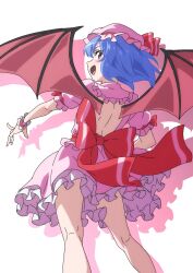 Rule 34 | 1girl, bat wings, blue hair, bow, fang, feet out of frame, frilled skirt, frilled sleeves, frills, from behind, gyouza (mhea5724), hat, hat ribbon, highres, mob cap, open mouth, pink hat, pink shirt, pink skirt, red bow, red eyes, red ribbon, remilia scarlet, ribbon, shirt, short hair, short sleeves, simple background, skirt, smile, solo, touhou, white background, wings, wrist cuffs