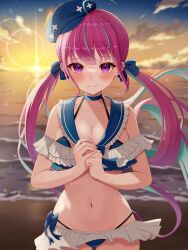 Rule 34 | 1girl, absurdres, ahoge, bikini, bikini skirt, blue bikini, blue bow, blue choker, blue hair, blue headwear, blurry, blurry background, blush, bow, breasts, choker, cleavage, closed mouth, collarbone, colored inner hair, commentary, frilled bikini, frilled sailor collar, frills, hair bow, halterneck, highres, hololive, jupiterjack8, long hair, looking at viewer, medium breasts, minato aqua, multicolored hair, navel, outdoors, own hands together, purple eyes, purple hair, sailor collar, solo, stomach, streaked hair, swimsuit, symbol-only commentary, twintails, two-tone hair, virtual youtuber