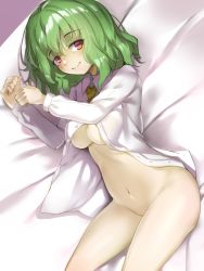Rule 34 | 1girl, blush, bottomless, breasts, commentary request, convenient leg, cowboy shot, green hair, groin, highres, kazami yuuka, looking at viewer, lying, medium breasts, medium hair, naked shirt, navel, on bed, on side, piyodesu, red eyes, shirt, smile, solo, touhou, underboob, white shirt