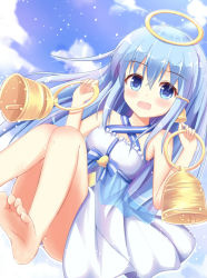 Rule 34 | 1girl, :o, bad id, bad pixiv id, bare legs, barefoot, bell, bell earrings, bellringer angel, blue hair, blue sky, blush, cloud, day, dress, earrings, feet, hair ornament, hairclip, halo, holding, holding bell, jewelry, kedama (kedama akaza), long hair, looking at viewer, shadowverse, sky, solo, toes, white dress