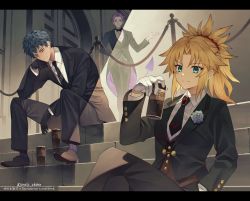 Rule 34 | 1girl, 2boys, artist name, black gloves, black hair, black jacket, black neckwear, black pants, blonde hair, can, canned coffee, closed mouth, collared shirt, commentary request, demon tail, drink can, fate/grand order, fate (series), flower, formal, gloves, green eyes, highres, holding, holding can, jacket, letterboxed, long hair, looking at viewer, meiji ken, mephistopheles (fate), mephistopheles (formal dress) (fate), mordred (fate), mordred (fate/apocrypha), mordred (formal dress) (fate), multiple boys, necktie, pants, pink hair, ponytail, purple hair, red scrunchie, saitou hajime (fate), scrunchie, shirt, sitting, smile, socks, stairs, striped clothes, striped legwear, striped socks, suit, tail, vertical-striped clothes, vertical-striped socks, white gloves, white shirt