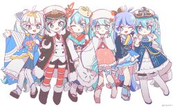 Rule 34 | 6+girls, ahoge, aqua eyes, aqua hair, asymmetrical legwear, beret, black coat, black footwear, black gloves, black necktie, black shorts, blue bow, blue dress, blue hair, blue kimono, blue skirt, blue socks, boots, borrowed design, bow, braid, buttons, chibi, clam, coat, colored tips, double-breasted, dress, eighth note, epaulettes, fish (food), food-themed hair ornament, full body, fur-trimmed boots, fur-trimmed coat, fur trim, geta, gloves, grin, hair ornament, hair ribbon, hand up, hands on own cheeks, hands on own face, hashtag only commentary, hat, hatsune miku, highres, holding, holding spoon, ikura (food), jacket, japanese clothes, kimono, knee boots, layered dress, military uniform, miniskirt, mismatched legwear, multicolored hair, multiple girls, musical note, musical note print, naval uniform, necktie, one eye closed, open mouth, outstretched arm, peaked cap, pink hair, pink skirt, pleated skirt, red ribbon, red shirt, red thighhighs, ribbon, scallop, seigaiha, seomin, shamoji, shirt, shorts, side-by-side, side braid, skirt, smile, socks, spoon, staff (music), star (symbol), star hair ornament, striped clothes, striped thighhighs, thighhighs, twitter username, uniform, v, vocaloid, white background, white dress, white footwear, white hair, white headwear, white jacket, white kimono, wide sleeves, year connection, yellow bow, yuki miku, yuki miku (2022), yuki miku (2022) (candidate no.1), yuki miku (2022) (candidate no.3), yuki miku (2022) (candidate no.4), yuki miku (2022) (candidate no.5), yuki miku (2022) (candidate no.6)
