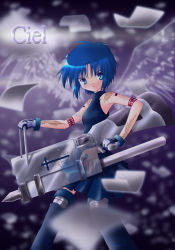 Rule 34 | 00s, 1girl, armlet, bare shoulders, blue eyes, blue hair, blue skirt, boots, character name, ciel (tsukihime), expressionless, holding, holding weapon, looking at viewer, matching hair/eyes, shirt, short hair, skirt, sleeveless, sleeveless shirt, solo, standing, tattoo, thigh boots, thighhighs, tsukihime, weapon