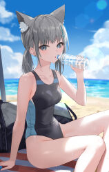 Rule 34 | 1girl, animal ear fluff, animal ears, bag, beach mat, black one-piece swimsuit, blue archive, blue eyes, blue halo, bottle, breasts, competition swimsuit, covered navel, cross, cross hair ornament, drink, extra ears, grey hair, hair ornament, halo, highleg, highleg swimsuit, highres, holding, holding bottle, inverted cross, looking at viewer, low ponytail, medium hair, mismatched pupils, multicolored clothes, multicolored swimsuit, nima (niru54), ocean, official alternate costume, one-piece swimsuit, shiroko (blue archive), shiroko (swimsuit) (blue archive), small breasts, sweat, swimsuit, thighs, two-tone swimsuit, wolf ears