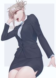 Rule 34 | 1girl, absurdres, adjusting eyewear, adjusting glasses, bags under eyes, blonde hair, boku no hero academia, business suit, double bun, dress shirt, fangs, formal, glasses, hair bun, hand on glasses, highres, jacket, looking at viewer, looking down, mizuki mau, office lady, outside border, pencil skirt, shirt, short hair, simple background, skirt, solo, suit, suit jacket, toga himiko, tongue, tongue out, yellow eyes