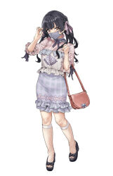 Rule 34 | 1girl, bag, black footwear, black hair, blue mask, blush, earrings, frilled sleeves, frills, full body, hamedoragon, handbag, highres, idolmaster, idolmaster shiny colors, jewelry, looking at viewer, mask, mayuzumi fuyuko, mouth mask, simple background, solo, twintails, white background