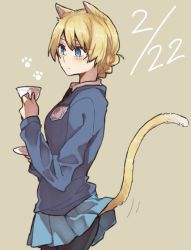 Rule 34 | 10s, 1girl, animal ears, black necktie, black pantyhose, blonde hair, blue eyes, blue skirt, blue sweater, braid, brown background, cat ears, cat tail, closed mouth, commentary request, cowboy shot, cup, darjeeling (girls und panzer), dated, dress shirt, emblem, from side, girls und panzer, holding, kemonomimi mode, lifted by tail, long sleeves, miniskirt, motion lines, necktie, pantyhose, paw print, pleated skirt, ree (re-19), saucer, school uniform, shirt, short hair, simple background, skirt, solo, st. gloriana&#039;s (emblem), st. gloriana&#039;s school uniform, standing, sweater, tail, teacup, twin braids, v-neck, white shirt