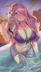 Rule 34 | 1girl, bikini, breasts, camilla (fire emblem), camilla (summer) (fire emblem), cleavage, closed mouth, cloud, collarbone, cup, female focus, fire emblem, fire emblem fates, fire emblem heroes, flower, hair flower, hair ornament, hair over one eye, holding, holding cup, ippers, large breasts, long hair, looking at viewer, matching hair/eyes, navel, nintendo, official alternate costume, orange sky, pouring, pouring onto self, purple bikini, purple eyes, purple hair, purple nails, purple sarong, sarong, see-through sarong, sky, smile, solo, swimsuit, very long hair