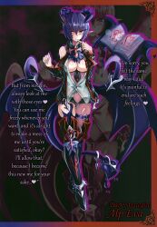 Rule 34 | 1girl, alp (monster girl encyclopedia), alp eva, alternate costume, book, breast tattoo, breasts, cleavage, corruption, dark persona, demon girl, english text, eva mistiv, highres, horns, kenkou cross, large breasts, low wings, military, monster girl, monster girl encyclopedia, monster girl encyclopedia world guide side ii: salvarision: the fallen knights of lescatie, official art, purple hair, red eyes, revealing clothes, tail, tattoo, transformation, wings