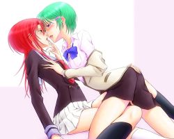 Rule 34 | 2girls, bonnie (rsg), dry humping, fuyuumi shoko, green hair, hand on another&#039;s ass, hand on another&#039;s chest, hino kahoko, humping, la corda d&#039;oro, multiple girls, red hair, tribadism, white background, yellow eyes, yuri