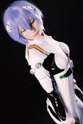 Rule 34 | ayanami rei, ayanami rei (cosplay), black background, cosplay, highres, looking down, tagme