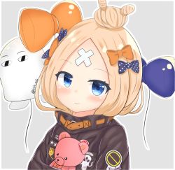 Rule 34 | 1girl, abigail williams (fate), abigail williams (traveling outfit) (fate), bad id, bad pixiv id, balloon, black bow, black jacket, blonde hair, blue eyes, blush, bow, closed mouth, commentary request, crossed bandaids, fate/grand order, fate (series), grey background, hair bow, hair bun, highres, jacket, liuliu, long hair, long sleeves, looking at viewer, medjed (fate), hugging object, official alternate costume, orange bow, outline, parted bangs, polka dot, polka dot bow, single hair bun, smile, solo, stuffed animal, stuffed toy, teddy bear, twitter username, white outline
