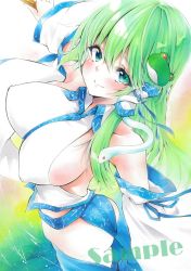 Rule 34 | 1girl, arim0k0, ass, breasts, closed mouth, covered erect nipples, detached sleeves, frog hair ornament, from above, green eyes, hair ornament, hair tubes, highres, huge breasts, kochiya sanae, looking at viewer, pelvic curtain, sample watermark, sideboob, skindentation, smile, snake hair ornament, solo, touhou, traditional media, watermark, wide sleeves