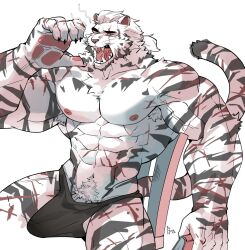Rule 34 | 1boy, abs, animal ears, arknights, bara, black male underwear, briefs, bulge, cropped legs, erection, erection under clothes, facial hair, furry, furry male, goatee, high ponytail, highres, large hands, large pectorals, male focus, male underwear, mature male, mountain (arknights), mountain (book reader) (arknights), muscular, muscular male, navel, navel hair, neck fur, nipples, official alternate costume, official alternate hairstyle, on chair, pectorals, penis, penis peek, ppyong, saliva, scar, scar across eye, scar on arm, sleepy, solo, stomach, thick eyebrows, thick thighs, thighs, tiger boy, tiger ears, topless male, underwear, veins, veiny arms, veiny penis, white fur, white hair, yawning