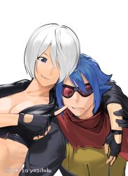 Rule 34 | 1boy, 1girl, angel (kof), blue eyes, blue hair, breasts, cleavage, fingerless gloves, gloves, hair over one eye, highres, k9999, krohnen, large breasts, simple background, snk, the king of fighters, the king of fighters xv, torn clothes, white background