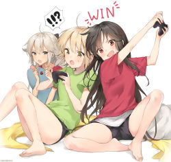 Rule 34 | 3girls, ahoge, alternate costume, artist name, bad id, bad pixiv id, barefoot, black hair, black ribbon, black shorts, blanket, blonde hair, casual, chips (food), commentary, contemporary, controller, eating, english commentary, english text, fate/grand order, fate (series), food, game controller, grey eyes, hair ribbon, highres, ishida umi, long hair, multiple girls, hugging object, oda nobunaga (fate), oda nobunaga (koha-ace), okita souji (fate), okita souji (koha-ace), okita souji alter (fate), open mouth, pillow, platinum blonde hair, playing games, potato chips, red eyes, ribbon, shirt, short hair, short shorts, shorts, signature, simple background, sitting, stuffed animal, stuffed shark, stuffed toy, sweatdrop, t-shirt, very long hair, white background, yellow eyes