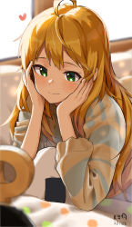 Rule 34 | 1girl, ahoge, blonde hair, blurry, blurry background, dated, food, green eyes, hands on own cheeks, hands on own face, head rest, heart, highres, hoshii miki, idolmaster, idolmaster (classic), idolmaster million live!, idolmaster million live! theater days, long hair, long sleeves, looking at viewer, myeolchi, onigiri, polka dot, sidelocks, signature, smile, solo, striped clothes, striped sweater, sweater, upper body, window