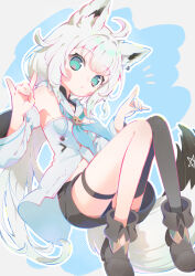 Rule 34 | 1girl, absurdres, ahoge, animal ears, aqua eyes, bare shoulders, black footwear, black shorts, black thighhighs, blue neckerchief, blush stickers, boots, braid, commentary, detached sleeves, double fox shadow puppet, fold-over boots, fox ears, fox girl, fox shadow puppet, front slit, full body, gaogao (gaogaomegu), grey hair, highres, hololive, long hair, looking at viewer, low ponytail, neckerchief, parted lips, pentagram, shirakami fubuki, shirakami fubuki (1st costume), short shorts, shorts, side braid, single thighhigh, solo, strapless, surprised, symbol-only commentary, thigh strap, thighhighs, virtual youtuber, w arms, white sleeves, wide sleeves