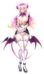 Rule 34 | 1girl, absurdres, asahi, blush, breasts, demon girl, demon horns, demon tail, demon wings, full body, highres, horns, large breasts, long hair, maid, mireille (taimanin asagi), nipples, official art, panties, pantyhose, pink eyes, pink hair, pointy ears, simple background, solo, tail, taimanin (series), taimanin rpgx, tongue, tongue out, underwear, wings