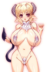 Rule 34 | 1girl, bikini, blonde hair, blush, breasts, cleavage, curvy, demon tail, covered erect nipples, groin, highres, hip focus, horns, huge breasts, ishida hiroyuki, nipples, open mouth, original, pointy ears, red eyes, short hair, narrow waist, slingshot swimsuit, solo, swimsuit, tail, wide hips
