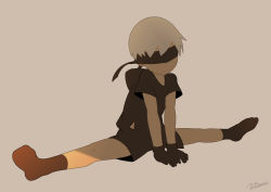 Rule 34 | 1boy, 9s (nier:automata), artist name, blindfold, full body, gloves, male focus, nier, nier:automata, nier (series), no shoes, noeyebrow (mauve), shorts, simple background, socks, solo, split, stretching