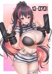 Rule 34 | 1girl, :d, absurdres, bikini, bikini top only, black bikini, black collar, black hair, blush, breasts, buckle, chain, cleavage, clenched hands, collar, commentary, cowboy shot, crossed bangs, cuffs, deogho (liujinzy9854), goddess of victory: nikke, hair between eyes, handcuffs, hands up, heart, heart-shaped pupils, high ponytail, highres, korean commentary, large breasts, long hair, looking at viewer, midriff, multicolored hair, navel, o-ring, open mouth, pink background, pink hair, ponytail, quency (nikke), red eyes, shackles, shirt, short shorts, shorts, shrug (clothing), sidelocks, skindentation, smile, snap-fit buckle, solo, standing, strapless, strapless bikini, striped clothes, striped shirt, striped shorts, swimsuit, symbol-shaped pupils, thigh strap, two-tone hair