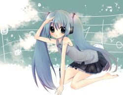 Rule 34 | 1girl, bad id, bad pixiv id, barefoot, blue eyes, blue hair, hatsune miku, headset, long hair, matching hair/eyes, musical note, necktie, ou (swdp), skirt, solo, staff (music), twintails, very long hair, vocaloid