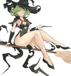 Rule 34 | 1girl, bare legs, black dress, black footwear, breasts, breasts apart, broom, broom riding, cleavage cutout, clothing cutout, dress, fantasy, floating, floating clothes, floating object, flying, green eyes, green hair, halloween, hat, highres, holding, holding wand, jack-o&#039;-lantern, knees up, levitation, looking at viewer, magic, medium breasts, one-punch man, one eye closed, psychic, pumpkin, rakeemspoon, shoes, short hair, simple background, sitting, solo, tatsumaki, telekinesis, torn clothes, torn dress, wand, white background, witch, witch hat