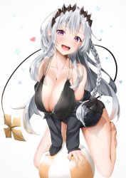 Rule 34 | 1girl, nanashi inc., aoi gorilla, artist request, bad id, bad twitter id, ball, bare shoulders, beachball, blue nails, braid, breasts, cleavage, collarbone, commentary request, demon girl, demon horns, demon tail, highres, honey strap, horns, large breasts, long hair, looking at viewer, mole, mole under eye, nail polish, open mouth, pointy ears, purple eyes, silver hair, simple background, smile, solo, sougetsu eli, tail, virtual youtuber, white background