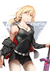Rule 34 | 1girl, absurdres, artoria pendragon (all), artoria pendragon (fate), belt, black jacket, black ribbon, black shirt, black shorts, blonde hair, character name, collarbone, cowboy shot, excalibur morgan (fate), fate/stay night, fate (series), floating hair, hair ribbon, hand on hilt, highres, jacket, jewelry, long hair, looking at viewer, nakanishi tatsuya, necklace, official alternate costume, open clothes, open jacket, ponytail, ribbon, saber alter, saber alter (ver. shinjuku 1999) (fate), shirt, short shorts, shorts, sleeveless, sleeveless shirt, smile, solo, sword, weapon, white background, yellow eyes