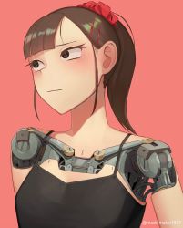 Rule 34 | 1girl, android, black tank top, brown eyes, brown hair, hair ornament, hair scrunchie, hairclip, highres, joints, mecha-jk, mechanical parts, medium hair, meikaa, original, pink background, ponytail, portrait, robot joints, scrunchie, shirt, simple background, solo, tank top, upper body
