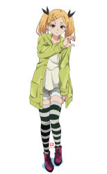 Rule 34 | 1girl, blonde hair, boots, cardigan, commentary request, cross-laced footwear, full body, grey eyes, grey shorts, hair ornament, hair ribbon, hairclip, heart hands invitation, highres, lace-up boots, miyahara takuya, mole, mole under eye, purple footwear, ribbon, shirobako, short twintails, shorts, solo, standing, striped clothes, striped thighhighs, thighhighs, twintails, yano erika