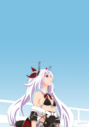 Rule 34 | 1girl, arms at sides, azur lane, bad id, bad pixiv id, bare shoulders, belt, bikini, black bikini, black dress, blue sky, breasts, buckle, cannon, day, detached collar, detached sleeves, dress, front-tie bikini top, front-tie top, hair between eyes, hair ornament, hair ribbon, headgear, highres, kibidango 14-gou, long hair, looking up, machinery, open mouth, red eyes, ribbon, rigging, sidelocks, signature, silver hair, sky, small breasts, solo, swimsuit, turret, twintails, vampire (azur lane), very long hair