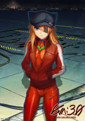 Rule 34 | 10s, 1girl, alonsword, blue eyes, chan qi (fireworkhouse), evangelion: 3.0 you can (not) redo, eyepatch, hat, highres, jacket, long hair, looking at viewer, neon genesis evangelion, open clothes, open jacket, orange hair, plugsuit, rebuild of evangelion, solo, souryuu asuka langley
