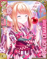 Rule 34 | 1girl, bag, blonde hair, blue eyes, bow, breasts, candy apple, character name, chloe lemaire, closed eyes, fair, food, girlfriend (kari), hair bun, hair ornament, holding, japanese clothes, kimono, long hair, official art, open mouth, outdoors, pink background, pink bow, qp:flapper, single hair bun, smile, solo, white kimono