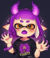 Rule 34 | 1girl, aoaza 83, artist name, blunt bangs, bracelet, claw pose, colored skin, colored tongue, commentary, demon horns, eye glitter, fake horns, fangs, halloween, highres, horns, inkling, inkling (language), inkling player character, jewelry, looking at viewer, nintendo, open mouth, orange eyes, pointy ears, print shirt, purple hair, purple horns, purple skin, purple tongue, shirt, short hair, short sleeves, signature, simple background, solo, splatoon (series), splatoon 2, symbol-only commentary, t-shirt, tentacle hair, twitter username, upper body