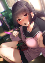 Rule 34 | 1girl, bad id, bad pixiv id, bag, black hair, black sailor collar, black skirt, blurry, blurry foreground, blush, box, brown eyes, candy, cardigan, chocolate, chocolate heart, collarbone, commentary request, day, depth of field, food, foreshortening, green scarf, hair ornament, hair scrunchie, half updo, heart, highres, indoors, long sleeves, looking at viewer, miniskirt, mouth hold, original, pink cardigan, pleated skirt, rerrere, revision, sailor collar, scarf, school bag, school uniform, scrunchie, short hair, sidelocks, sitting, skirt, sleeves past wrists, solo, thighs, valentine, window, yellow scrunchie