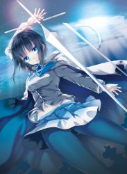 Rule 34 | 1girl, arm behind head, arm up, black hair, blue eyes, blue necktie, blue pantyhose, borrowed character, breasts, buttons, cape, cowboy shot, eyes visible through hair, highres, juke, light, long sleeves, looking at viewer, midriff, miniskirt, navel, necktie, original, pantyhose, parted lips, pleated skirt, short hair, skirt, small breasts, solo, sword, torn cape, torn clothes, weapon, wind, wind lift