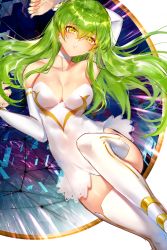 Rule 34 | 1girl, arm up, boots, breasts, c.c., choker, cleavage, code geass, collarbone, covered navel, detached sleeves, dress, floating hair, from above, green hair, hair between eyes, highres, horz, long hair, lying, medium breasts, on back, parted lips, short dress, sleeveless, sleeveless dress, solo, striped clothes, striped dress, thigh boots, thighhighs, very long hair, white dress, white footwear, yellow eyes