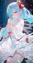 Rule 34 | 1girl, azur lane, blue eyes, blue hair, blurry, cowboy shot, crown, depth of field, dress, frilled dress, frills, gradient background, hair ribbon, hand up, highres, holding hands, janus (azur lane), light blue hair, looking at viewer, mimoza (96mimo414), mini crown, red ribbon, ribbon, solo, thighhighs, thighlet, twintails, white dress, white thighhighs