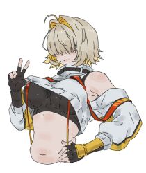 Rule 34 | 1girl, ahoge, black gloves, black sports bra, blonde hair, breasts, clothing cutout, crop top, cropped sweater, elegg (nikke), gloves, goddess of victory: nikke, hair intakes, hair over eyes, large breasts, long bangs, long sleeves, m k, multicolored clothes, multicolored gloves, multicolored hair, navel, purple eyes, short hair, shoulder cutout, solo, sports bra, suspenders, thigh strap, two-tone hair, v, yellow gloves