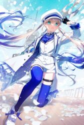 Rule 34 | 1boy, aircraft carrier, arm behind back, arm up, ascot, black gloves, blazer, blue ascot, blue coat, blue hair, blue sky, blue thighhighs, blunt bangs, boots, bow, captain nemo (fate), coat, collared shirt, commentary, fate/grand order, fate (series), footwear bow, full body, gloves, gradient hair, half gloves, hand on headwear, hat, high heel boots, high heels, highres, holding trident, jacket, kneeling, light brown hair, long hair, looking at viewer, military, military vehicle, multicolored coat, multicolored hair, nemo (fate), on one knee, open mouth, outdoors, peaked cap, petals, railing, ship, ship deck, shirt, short shorts, shorts, sky, solo, striped clothes, striped shirt, thigh strap, thighhighs, tsuyukusa (eeta7273), twitter username, two-tone coat, very long hair, warship, watercraft, white coat