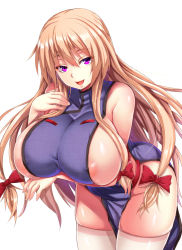 Rule 34 | 1girl, areola slip, bare shoulders, blonde hair, blush, bow, breasts, covered erect nipples, ebi 193, hair bow, huge breasts, leaning forward, long hair, looking at viewer, naked tabard, nipple slip, nipples, open mouth, purple eyes, sideboob, simple background, smile, solo, tabard, thighhighs, touhou, white background, white thighhighs, yakumo yukari