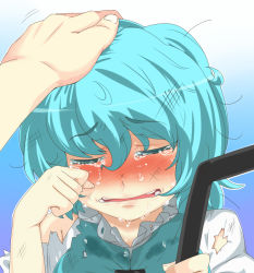 Rule 34 | 1girl, blue hair, blush, broken, closed eyes, crying, dirty, dirty face, face, hand on another&#039;s head, head pat, headpat, highres, loggy, open mouth, rubbing eyes, shirt, short hair, snot, solo focus, tatara kogasa, tears, torn clothes, touhou, umbrella