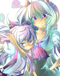 Rule 34 | 2girls, :p, anger vein, arm around neck, ascot, bad id, bad pixiv id, blush, breasts, clenched hands, ex-keine, female focus, fuabio, fujiwara no mokou, green hair, hand on own hip, horns, hug, kamishirasawa keine, long hair, multiple girls, puffy sleeves, short sleeves, silver hair, suspenders, tears, tongue, tongue out, touhou, very long hair