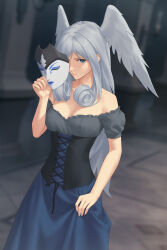 Rule 34 | 1girl, alternate costume, bare shoulders, blue eyes, breasts, commentary request, curly hair, dress, grey hair, head wings, highres, holding, holding mask, long hair, mask, medium breasts, melia antiqua, miura-n315, smile, solo, standing, strapless, strapless dress, unworn mask, wings, xenoblade chronicles (series), xenoblade chronicles 1, xenoblade chronicles 3