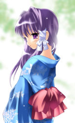 Rule 34 | 00s, 1girl, blush, bow, clannad, closed mouth, expressionless, from side, fujibayashi kyou, hair ribbon, japanese clothes, kimono, looking at viewer, looking to the side, obi, purple eyes, purple hair, red bow, ribbon, sash, sidelocks, solo, upper body, white ribbon