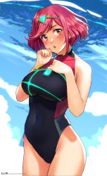 Rule 34 | 1girl, blue sky, blush, breasts, collarbone, commentary, competition swimsuit, covered navel, cowboy shot, english commentary, gem, glowing, large breasts, mleth, multicolored clothes, multicolored swimsuit, neon trim, nintendo, nose blush, one-piece swimsuit, paid reward available, pink hair, pyra (xenoblade), red eyes, skin tight, sky, solo, swept bangs, swimsuit, tiara, wet, xenoblade chronicles (series), xenoblade chronicles 2